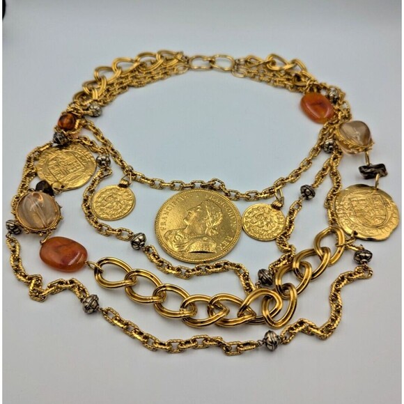 Vintage Les Bernard Gold Tone Multi Stand Coin Lucite Long Statement Necklace - Picture 11 of 16